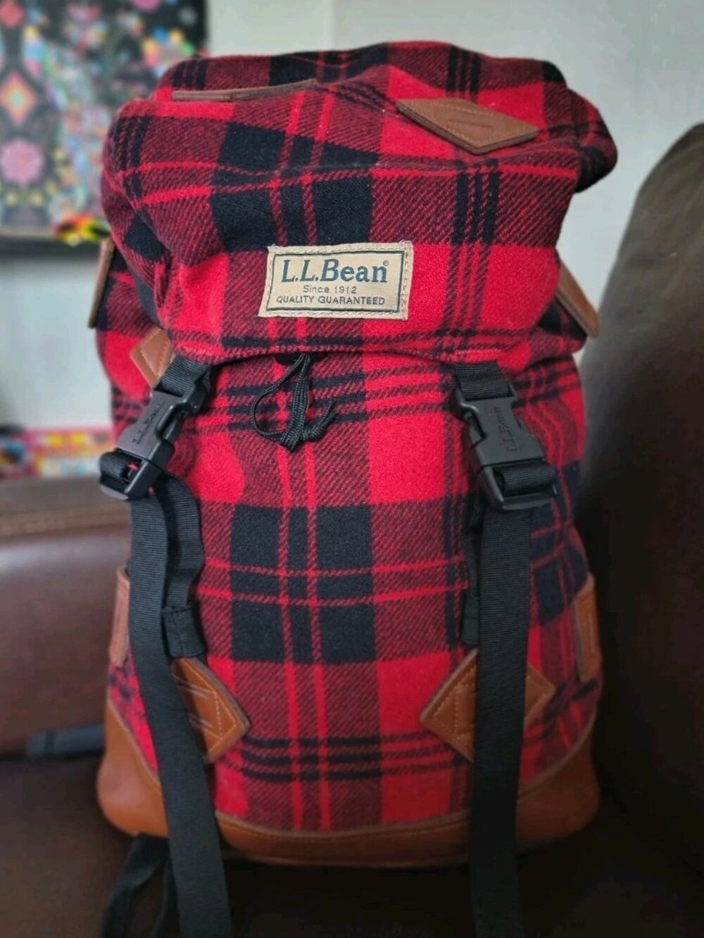 LL Bean Vintage Plaid Wool And Leather Daypack